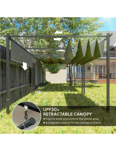 Outsunny 3 x 4m Metal Pergola with Retractable Roof and Roller Shade, Wall-Mounted or Free Standing Garden Gazebo Canopy Pergola