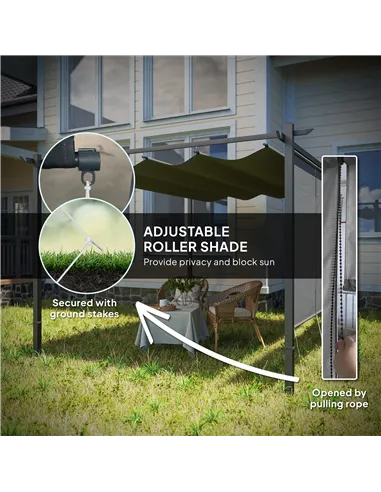 Outsunny 3 x 4m Metal Pergola with Retractable Roof and Roller Shade, Wall-Mounted or Free Standing Garden Gazebo Canopy Pergola
