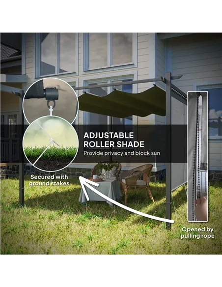 Outsunny 3 x 4m Metal Pergola with Retractable Roof and Roller Shade, Wall-Mounted or Free Standing Garden Gazebo Canopy Pergola