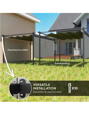 Outsunny 3 x 4m Metal Pergola with Retractable Roof and Roller Shade, Wall-Mounted or Free Standing Garden Gazebo Canopy Pergola