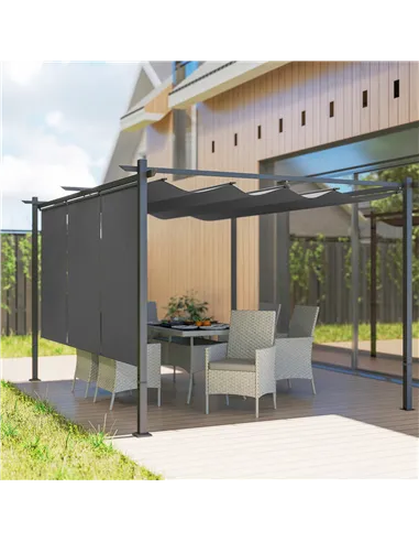 Outsunny 3 x 4m Metal Pergola with Retractable Roof and Roller Shade, Wall-Mounted or Free Standing Garden Gazebo Canopy Pergola
