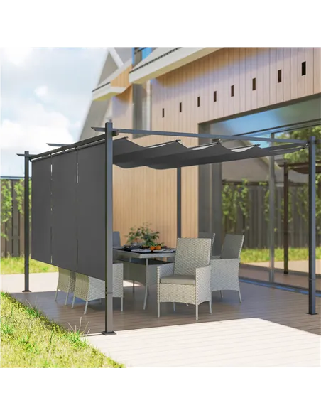 Outsunny 3 x 4m Metal Pergola with Retractable Roof and Roller Shade, Wall-Mounted or Free Standing Garden Gazebo Canopy Pergola