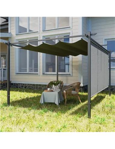 Outsunny 3 x 4m Metal Pergola with Retractable Roof and Roller Shade, Wall-Mounted or Free Standing Garden Gazebo Canopy Pergola