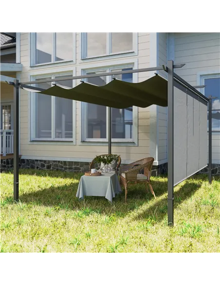 Outsunny 3 x 4m Metal Pergola with Retractable Roof and Roller Shade, Wall-Mounted or Free Standing Garden Gazebo Canopy Pergola