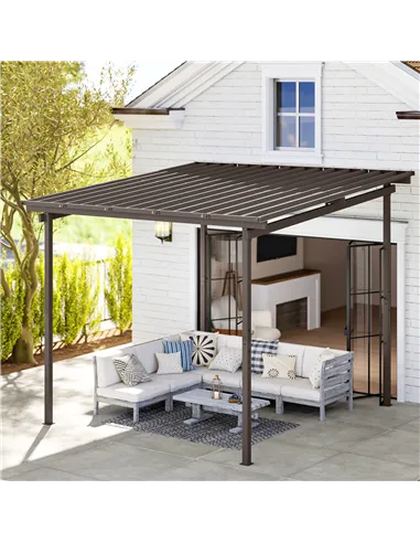 Outsunny 3 x 3(m) Garden Pergola with Waterproof Metal Roof, Lean to Pergola Hardtop Gazebo, Wind-resistant Outdoor Sun Shade, E