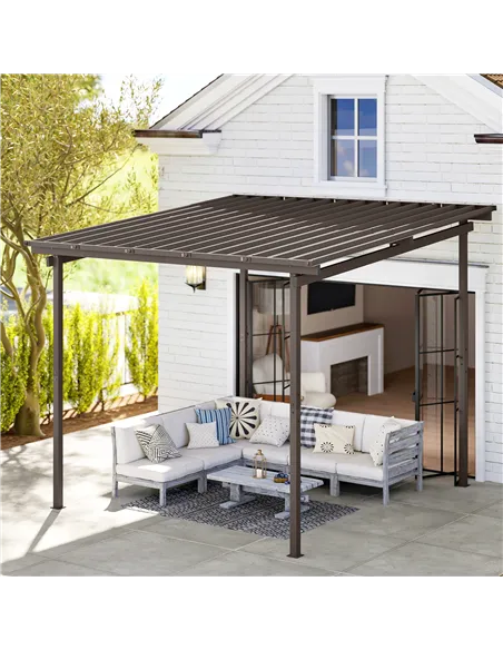 Outsunny 3 x 3(m) Garden Pergola with Waterproof Metal Roof, Lean to Pergola Hardtop Gazebo, Wind-resistant Outdoor Sun Shade, E