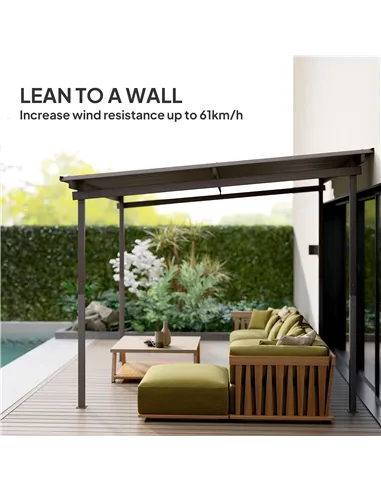 Outsunny 3 x 3(m) Garden Pergola with Waterproof Metal Roof, Lean to Pergola Hardtop Gazebo, Wind-resistant Outdoor Sun Shade, E