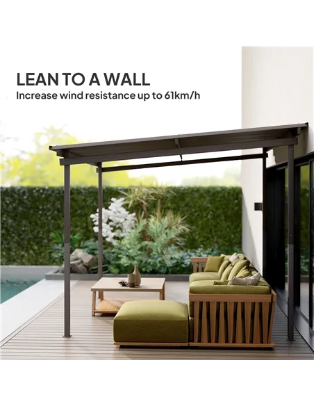 Outsunny 3 x 3(m) Garden Pergola with Waterproof Metal Roof, Lean to Pergola Hardtop Gazebo, Wind-resistant Outdoor Sun Shade, E