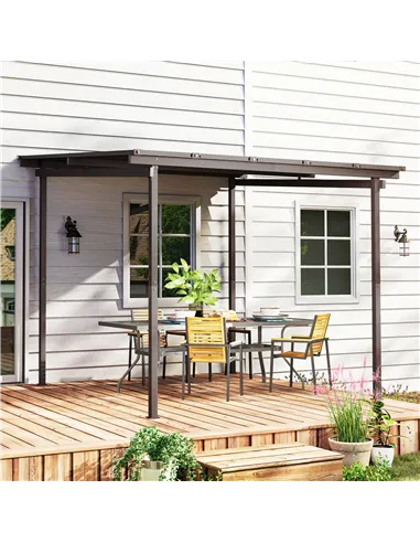 Outsunny 3 x 3(m) Garden Pergola with Waterproof Metal Roof, Lean to Pergola Hardtop Gazebo, Wind-resistant Outdoor Sun Shade, E