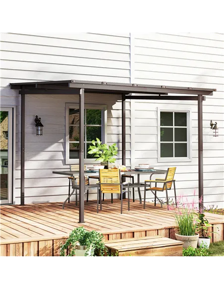 Outsunny 3 x 3(m) Garden Pergola with Waterproof Metal Roof, Lean to Pergola Hardtop Gazebo, Wind-resistant Outdoor Sun Shade, E