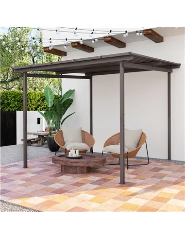 Outsunny 3 x 3(m) Garden Pergola with Waterproof Metal Roof, Lean to Pergola Hardtop Gazebo, Wind-resistant Outdoor Sun Shade, E