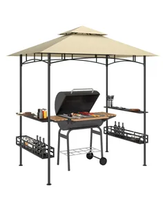 Outsunny 8' x 5' Grill Gazebo Canopy, Double Tiered Outdoor BBQ Gazebo Shelter with 2 Side Shelves, Storage Baskets, Hook for Ga