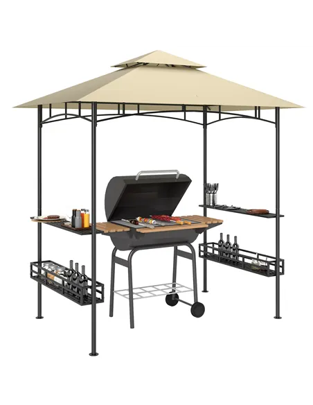 Outsunny 8' x 5' Grill Gazebo Canopy, Double Tiered Outdoor BBQ Gazebo Shelter with 2 Side Shelves, Storage Baskets, Hook for Ga