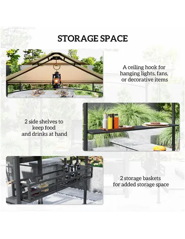 Outsunny 8' x 5' Grill Gazebo Canopy, Double Tiered Outdoor BBQ Gazebo Shelter with 2 Side Shelves, Storage Baskets, Hook for Ga