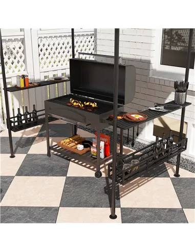 Outsunny 8' x 5' Grill Gazebo Canopy, Double Tiered Outdoor BBQ Gazebo Shelter with 2 Side Shelves, Storage Baskets, Hook for Ga