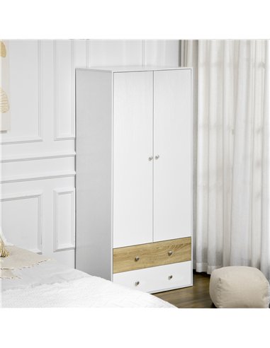 HOMCOM 2-Door Wardrobe with 2 Drawers, Hanging Rod and Anti-tipping Straps for Bedroom Clothes Storage Organisation, White