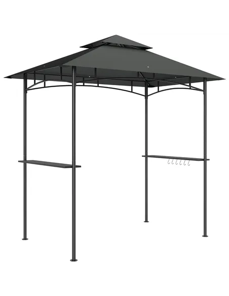 Outsunny 8' x 5' Grill Gazebo, Double Tiered BBQ Gazebo Shelter Canopy with LED Lights, 2 Side Shelves, Hooks, Dark Grey