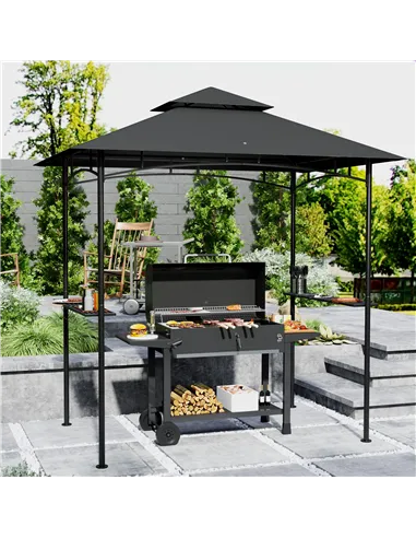 Outsunny 8' x 5' Grill Gazebo, Double Tiered BBQ Gazebo Shelter Canopy with LED Lights, 2 Side Shelves, Hooks, Dark Grey