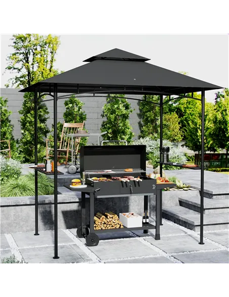 Outsunny 8' x 5' Grill Gazebo, Double Tiered BBQ Gazebo Shelter Canopy with LED Lights, 2 Side Shelves, Hooks, Dark Grey