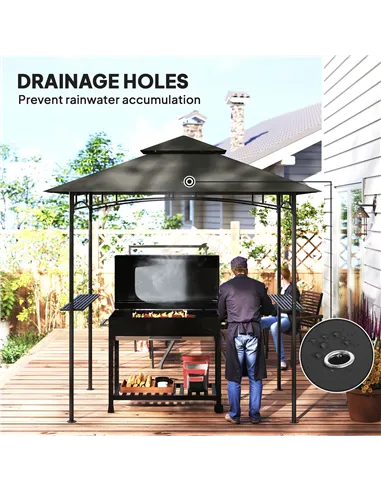 Outsunny 8' x 5' Grill Gazebo, Double Tiered BBQ Gazebo Shelter Canopy with LED Lights, 2 Side Shelves, Hooks, Dark Grey