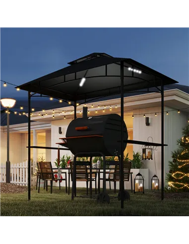 Outsunny 8' x 5' Grill Gazebo, Double Tiered BBQ Gazebo Shelter Canopy with LED Lights, 2 Side Shelves, Hooks, Dark Grey