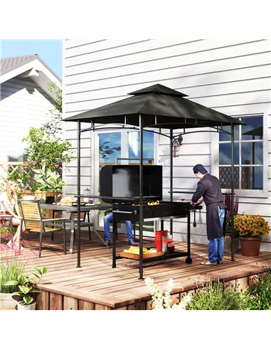 Outsunny 8' x 5' Grill Gazebo, Double Tiered BBQ Gazebo Shelter Canopy with LED Lights, 2 Side Shelves, Hooks, Dark Grey