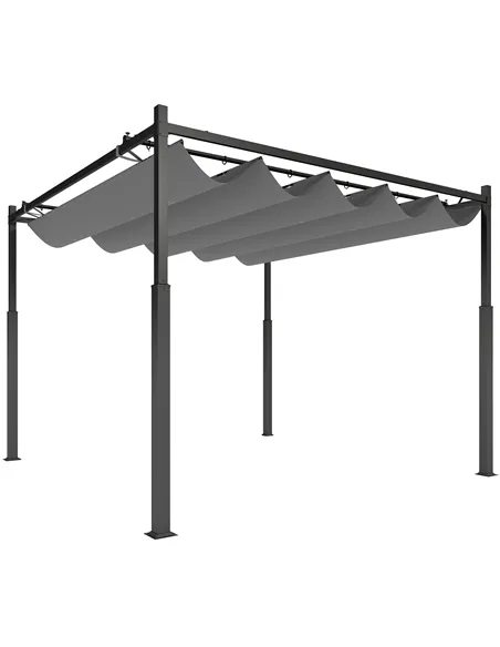 Outsunny 3 x 3(m) Metal Pergola with Retractable Roof and Magnetic Fixture, Outdoor Gazebo Garden Pergola Kit Sun Shade Canopy, 