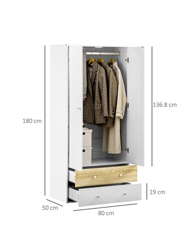 HOMCOM 2-Door Wardrobe with 2 Drawers, Hanging Rod and Anti-tipping Straps for Bedroom Clothes Storage Organisation, White
