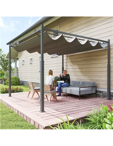 Outsunny 3 x 3(m) Metal Pergola with Retractable Roof and Magnetic Fixture, Outdoor Gazebo Garden Pergola Kit Sun Shade Canopy, 