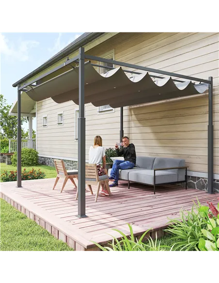 Outsunny 3 x 3(m) Metal Pergola with Retractable Roof and Magnetic Fixture, Outdoor Gazebo Garden Pergola Kit Sun Shade Canopy, 