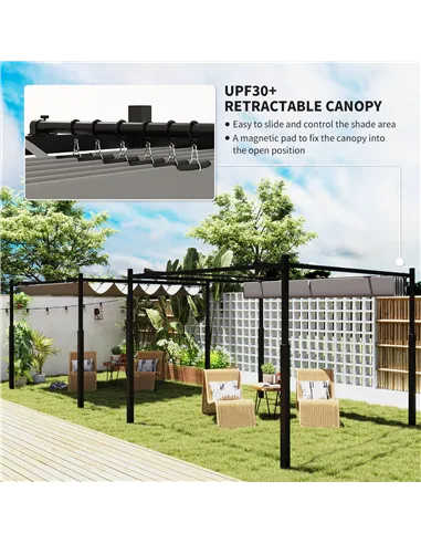 Outsunny 3 x 3(m) Metal Pergola with Retractable Roof and Magnetic Fixture, Outdoor Gazebo Garden Pergola Kit Sun Shade Canopy, 