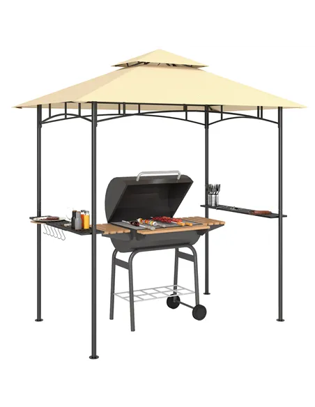 Outsunny 8' x 5' Grill Gazebo, Double Tiered BBQ Gazebo Shelter Canopy with LED Lights, 2 Side Shelves, Hooks, Beige