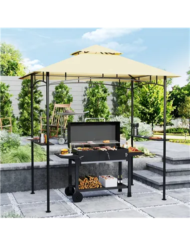 Outsunny 8' x 5' Grill Gazebo, Double Tiered BBQ Gazebo Shelter Canopy with LED Lights, 2 Side Shelves, Hooks, Beige