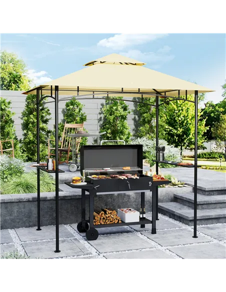 Outsunny 8' x 5' Grill Gazebo, Double Tiered BBQ Gazebo Shelter Canopy with LED Lights, 2 Side Shelves, Hooks, Beige