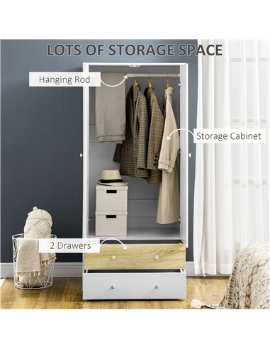 HOMCOM 2-Door Wardrobe with 2 Drawers, Hanging Rod and Anti-tipping Straps for Bedroom Clothes Storage Organisation, White