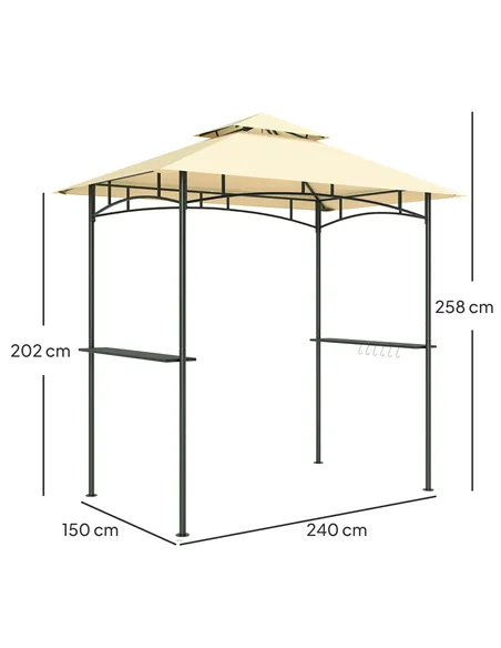 Outsunny 8' x 5' Grill Gazebo, Double Tiered BBQ Gazebo Shelter Canopy with LED Lights, 2 Side Shelves, Hooks, Beige