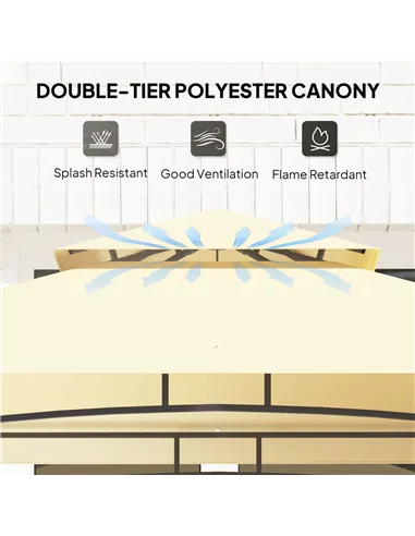 Outsunny 8' x 5' Grill Gazebo, Double Tiered BBQ Gazebo Shelter Canopy with LED Lights, 2 Side Shelves, Hooks, Beige