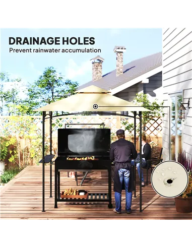 Outsunny 8' x 5' Grill Gazebo, Double Tiered BBQ Gazebo Shelter Canopy with LED Lights, 2 Side Shelves, Hooks, Beige