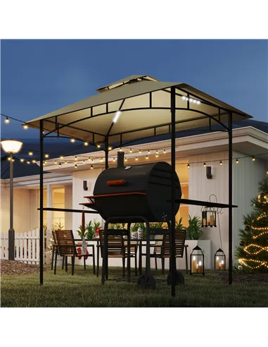 Outsunny 8' x 5' Grill Gazebo, Double Tiered BBQ Gazebo Shelter Canopy with LED Lights, 2 Side Shelves, Hooks, Beige