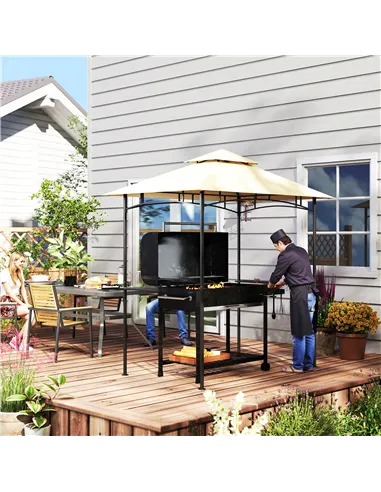 Outsunny 8' x 5' Grill Gazebo, Double Tiered BBQ Gazebo Shelter Canopy with LED Lights, 2 Side Shelves, Hooks, Beige