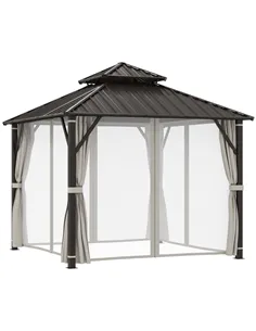 Outsunny 3 x 3(m) Hardtop Gazebo Canopy with Double Metal Roof, Waterproof Permanent Pavilion Garden Gazebo with Netting and Cur