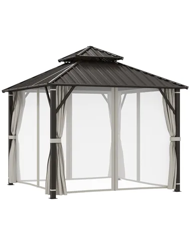 Outsunny 3 x 3(m) Hardtop Gazebo Canopy with Double Metal Roof, Waterproof Permanent Pavilion Garden Gazebo with Netting and Cur