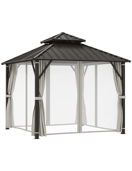 Outsunny 3 x 3(m) Hardtop Gazebo Canopy with Double Metal Roof, Waterproof Permanent Pavilion Garden Gazebo with Netting and Cur