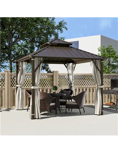Outsunny 3 x 3(m) Hardtop Gazebo Canopy with Double Metal Roof, Waterproof Permanent Pavilion Garden Gazebo with Netting and Cur