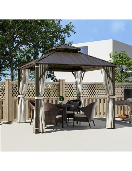 Outsunny 3 x 3(m) Hardtop Gazebo Canopy with Double Metal Roof, Waterproof Permanent Pavilion Garden Gazebo with Netting and Cur