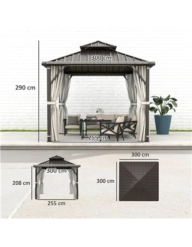 Outsunny 3 x 3(m) Hardtop Gazebo Canopy with Double Metal Roof, Waterproof Permanent Pavilion Garden Gazebo with Netting and Cur