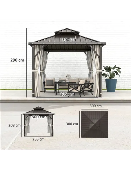 Outsunny 3 x 3(m) Hardtop Gazebo Canopy with Double Metal Roof, Waterproof Permanent Pavilion Garden Gazebo with Netting and Cur