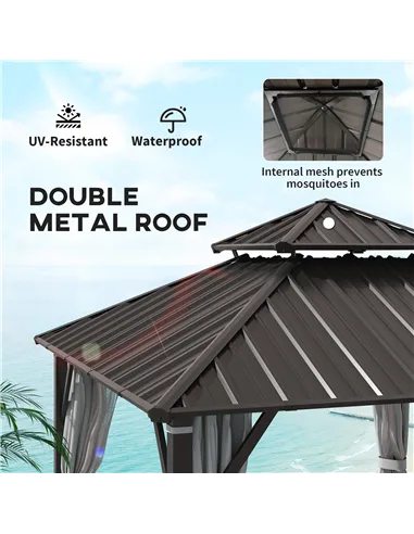 Outsunny 3 x 3(m) Hardtop Gazebo Canopy with Double Metal Roof, Waterproof Permanent Pavilion Garden Gazebo with Netting and Cur