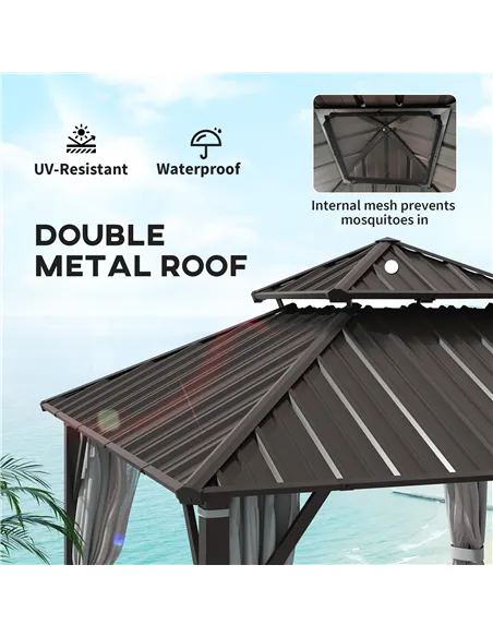 Outsunny 3 x 3(m) Hardtop Gazebo Canopy with Double Metal Roof, Waterproof Permanent Pavilion Garden Gazebo with Netting and Cur
