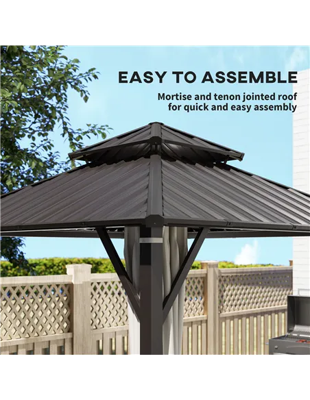 Outsunny 3 x 3(m) Hardtop Gazebo Canopy with Double Metal Roof, Waterproof Permanent Pavilion Garden Gazebo with Netting and Cur